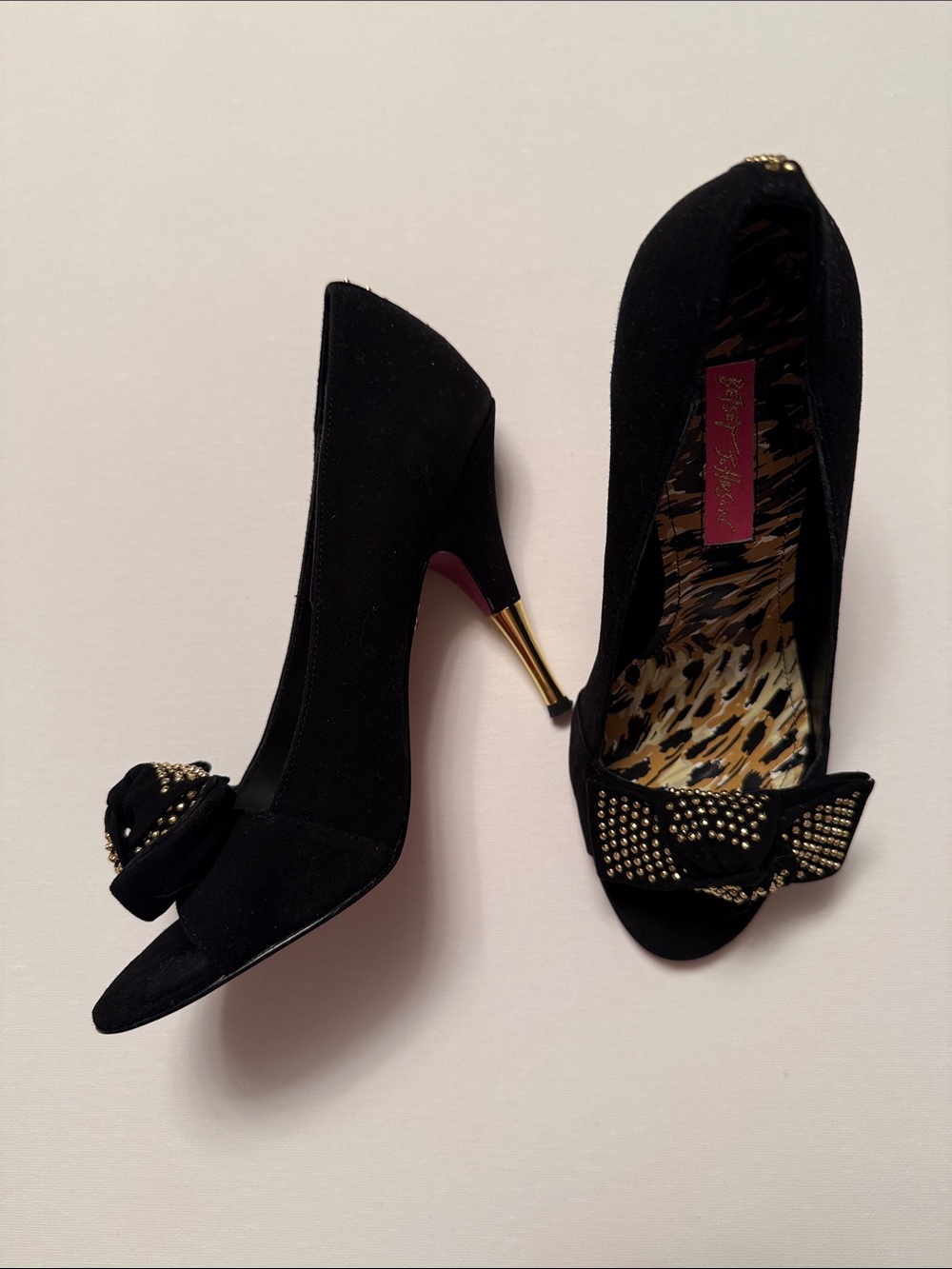 Betsey Johnson Black Bow Pumps with Gold Stud Accents
